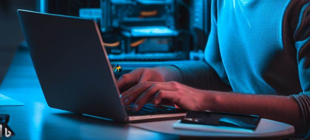 Uczeń odbywający praktyki przy laptopie w serwisie komputerowym